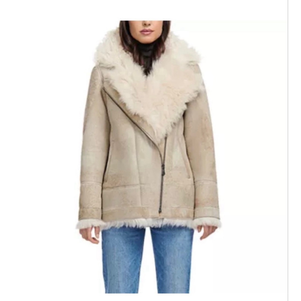 HiSO Rumour Shearling Moto Coat Cement
Size Large